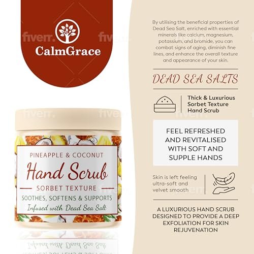 CalmGrace Hand Scrub for Dry Hands – Dead Sea Salts & Pineapple Coconut Scent – Sorbet Texture Exfoliating Hand Scrub with Avocado Oil, Vitamin E & C – 10.5 oz Avelisse