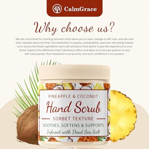 CalmGrace Hand Scrub for Dry Hands – Dead Sea Salts & Pineapple Coconut Scent – Sorbet Texture Exfoliating Hand Scrub with Avocado Oil, Vitamin E & C – 10.5 oz Avelisse