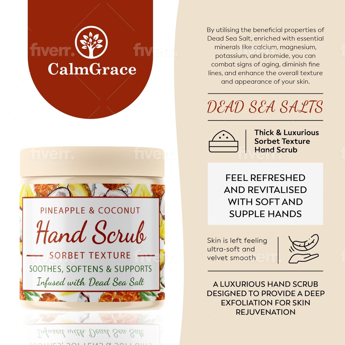 CalmGrace Hand Scrub for Dry Hands – Dead Sea Salts & Pineapple Coconut Scent – Sorbet Texture Exfoliating Hand Scrub with Avocado Oil, Vitamin E & C – 10.5 oz Avelisse