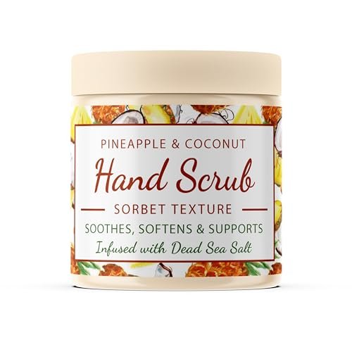 CalmGrace Hand Scrub for Dry Hands – Dead Sea Salts & Pineapple Coconut Scent – Sorbet Texture Exfoliating Hand Scrub with Avocado Oil, Vitamin E & C – 10.5 oz Avelisse