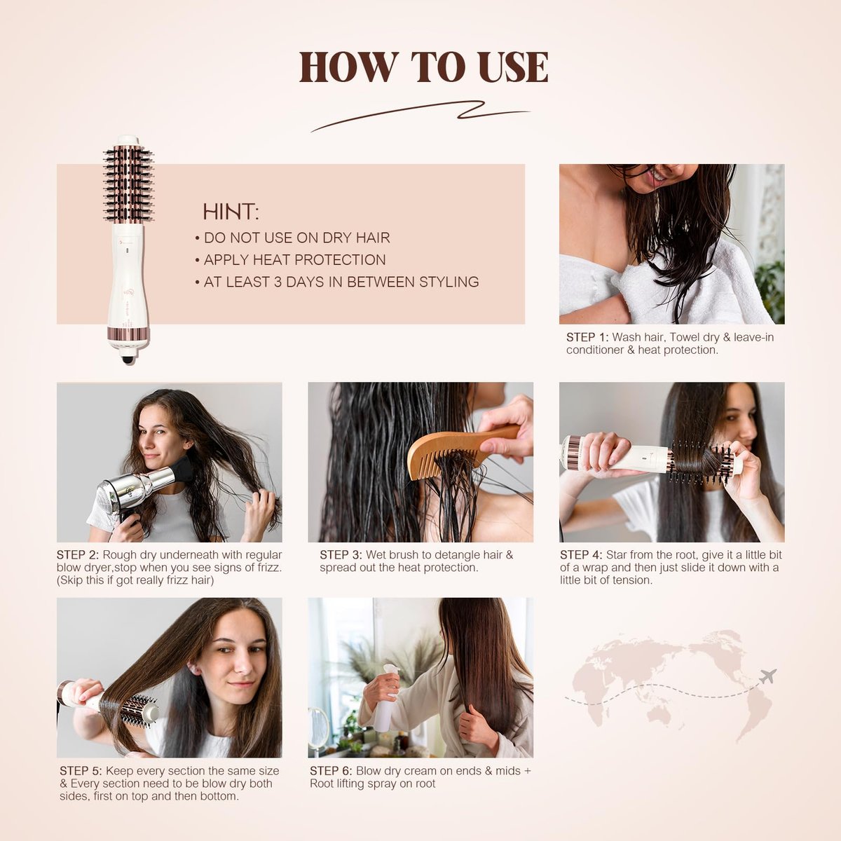 1.5 Inch Barrel (2.8’’ Plus Bristles) Dual Voltage(110~250V) Round Brush Blow Dryer, Hair Dryer Brush with European Plug Adapter, 4-in-1 Negative Ionic One Step Volumizer Dryer Avelisse