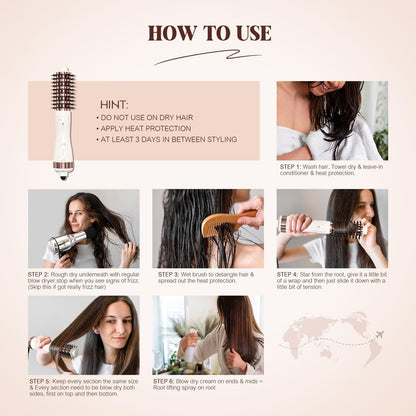 1.5 Inch Barrel (2.8’’ Plus Bristles) Dual Voltage(110~250V) Round Brush Blow Dryer, Hair Dryer Brush with European Plug Adapter, 4-in-1 Negative Ionic One Step Volumizer Dryer Avelisse