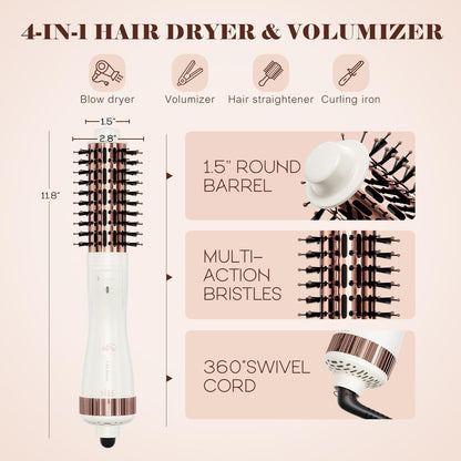 1.5 Inch Barrel (2.8’’ Plus Bristles) Dual Voltage(110~250V) Round Brush Blow Dryer, Hair Dryer Brush with European Plug Adapter, 4-in-1 Negative Ionic One Step Volumizer Dryer Avelisse