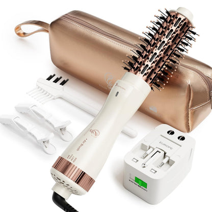 1.5 Inch Barrel (2.8’’ Plus Bristles) Dual Voltage(110~250V) Round Brush Blow Dryer, Hair Dryer Brush with European Plug Adapter, 4-in-1 Negative Ionic One Step Volumizer Dryer Avelisse