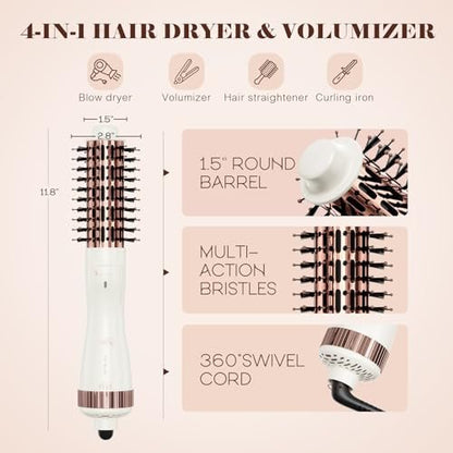 1.5 Inch Barrel (2.8’’ Plus Bristles) Dual Voltage(110~250V) Round Brush Blow Dryer, Hair Dryer Brush with European Plug Adapter, 4-in-1 Negative Ionic One Step Volumizer Dryer Avelisse