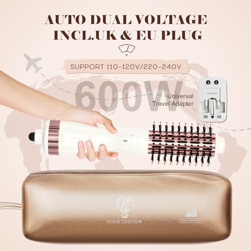 1.5 Inch Barrel (2.8’’ Plus Bristles) Dual Voltage(110~250V) Round Brush Blow Dryer, Hair Dryer Brush with European Plug Adapter, 4-in-1 Negative Ionic One Step Volumizer Dryer Avelisse