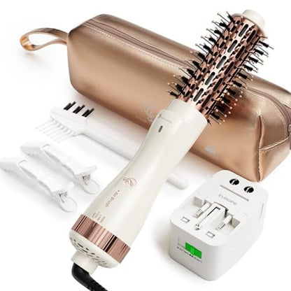 1.5 Inch Barrel (2.8’’ Plus Bristles) Dual Voltage(110~250V) Round Brush Blow Dryer, Hair Dryer Brush with European Plug Adapter, 4-in-1 Negative Ionic One Step Volumizer Dryer Avelisse