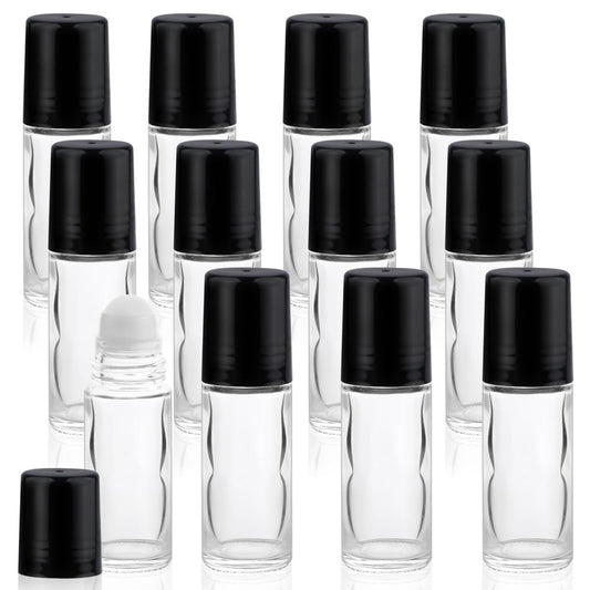 Mirrline 12 Pack 30ml/1oz Empty Glass Roll On Bottles with Plastic Roller Ball & Black Lid for Essential Oils, Perfume, and Cosmetic Oils Avelisse