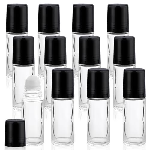 Mirrline 12 Pack 30ml/1oz Empty Glass Roll On Bottles with Plastic Roller Ball & Black Lid for Essential Oils, Perfume, and Cosmetic Oils Avelisse