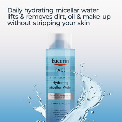 Eucerin Gentle Cleansing Hydrating Micellar Water with Hyaluronic Acid – Fragrance-Free Face Cleanser & Makeup Remover for All Skin Types, 13.5 Fl Oz