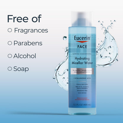 Eucerin Gentle Cleansing Hydrating Micellar Water with Hyaluronic Acid – Fragrance-Free Face Cleanser & Makeup Remover for All Skin Types, 13.5 Fl Oz