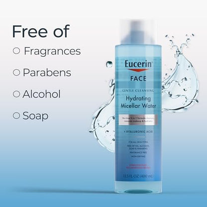 Eucerin Gentle Cleansing Hydrating Micellar Water with Hyaluronic Acid – Fragrance-Free Face Cleanser & Makeup Remover for All Skin Types, 13.5 Fl Oz
