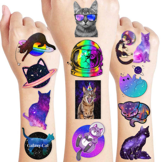Funny Space Cat Temporary Tattoos – 96 PCS Galaxy Cat Stickers for Kids Birthday Party Favors