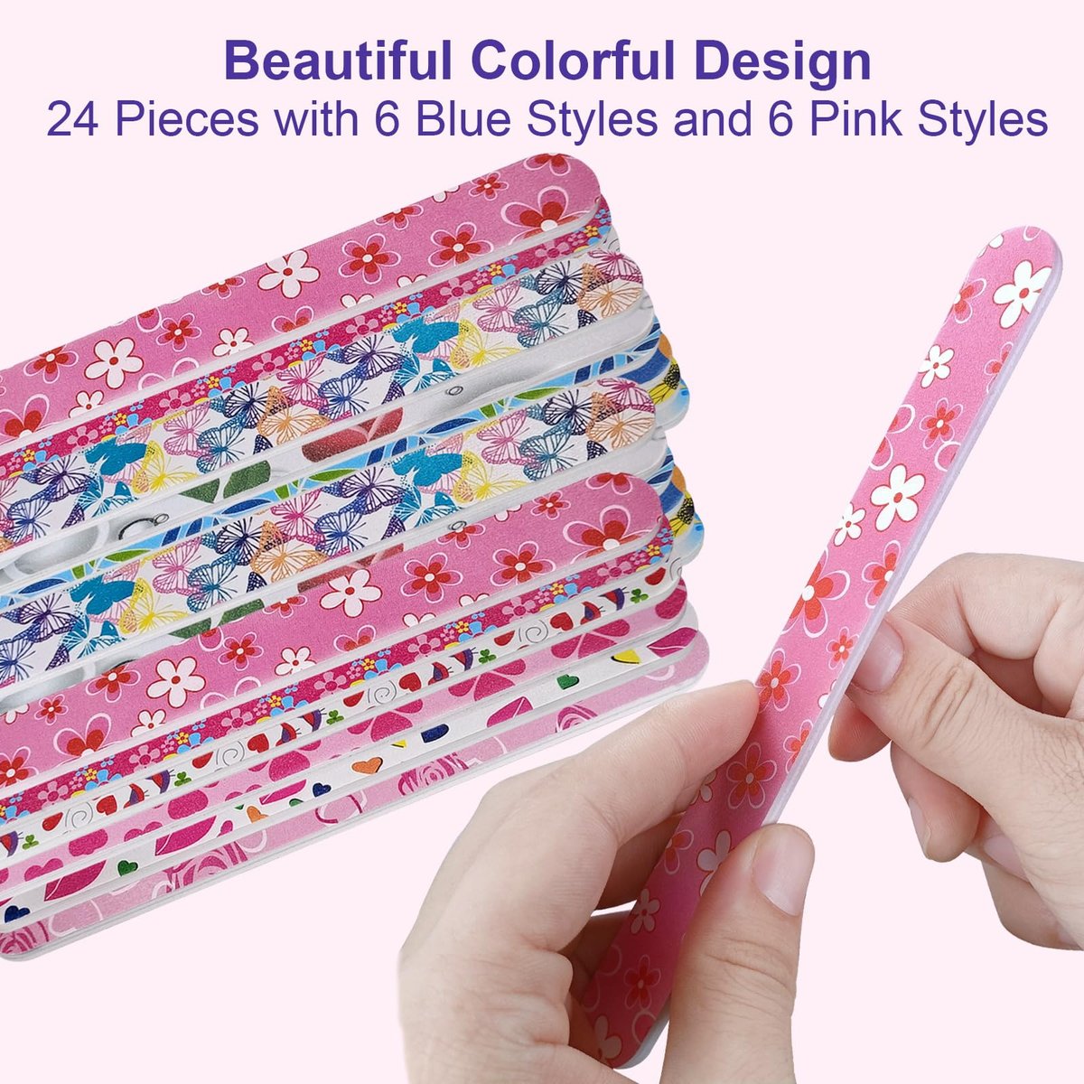 24 Pack Colorful Emery Board Nail Files - Double Sided 180 Grit for Natural Nails, Professional Manicure Tool for Shaping, Buffing & Smoothing - Flowery Design - görsel 5