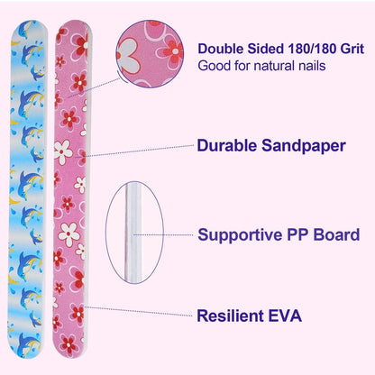 24 Pack Colorful Emery Board Nail Files - Double Sided 180 Grit for Natural Nails, Professional Manicure Tool for Shaping, Buffing & Smoothing - Flowery Design