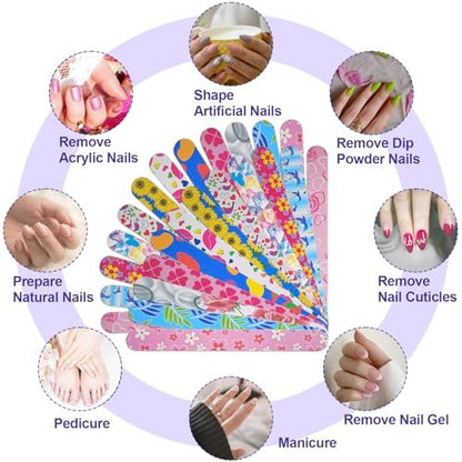 24 Pack Colorful Emery Board Nail Files - Double Sided 180 Grit for Natural Nails, Professional Manicure Tool for Shaping, Buffing & Smoothing - Flowery Design