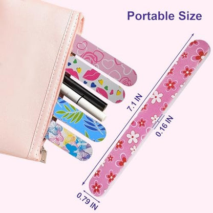 24 Pack Colorful Emery Board Nail Files - Double Sided 180 Grit for Natural Nails, Professional Manicure Tool for Shaping, Buffing & Smoothing - Flowery Design