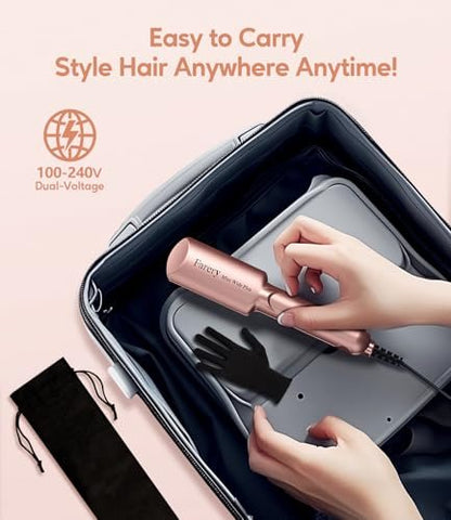 Farery Mini Flat Iron for Short Hair - 1.5 Inch Ceramic Hair Straightener with Argan Oil, Fast Heat, Anti-Scald, Dual Voltage Travel Iron with Storage Bag (Rose Gold) Avelisse