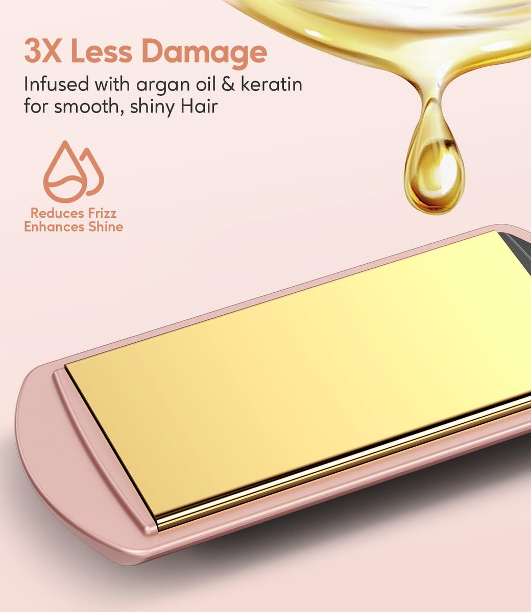 Farery Mini Flat Iron for Short Hair - 1.5 Inch Ceramic Hair Straightener with Argan Oil, Fast Heat, Anti-Scald, Dual Voltage Travel Iron with Storage Bag (Rose Gold) Avelisse