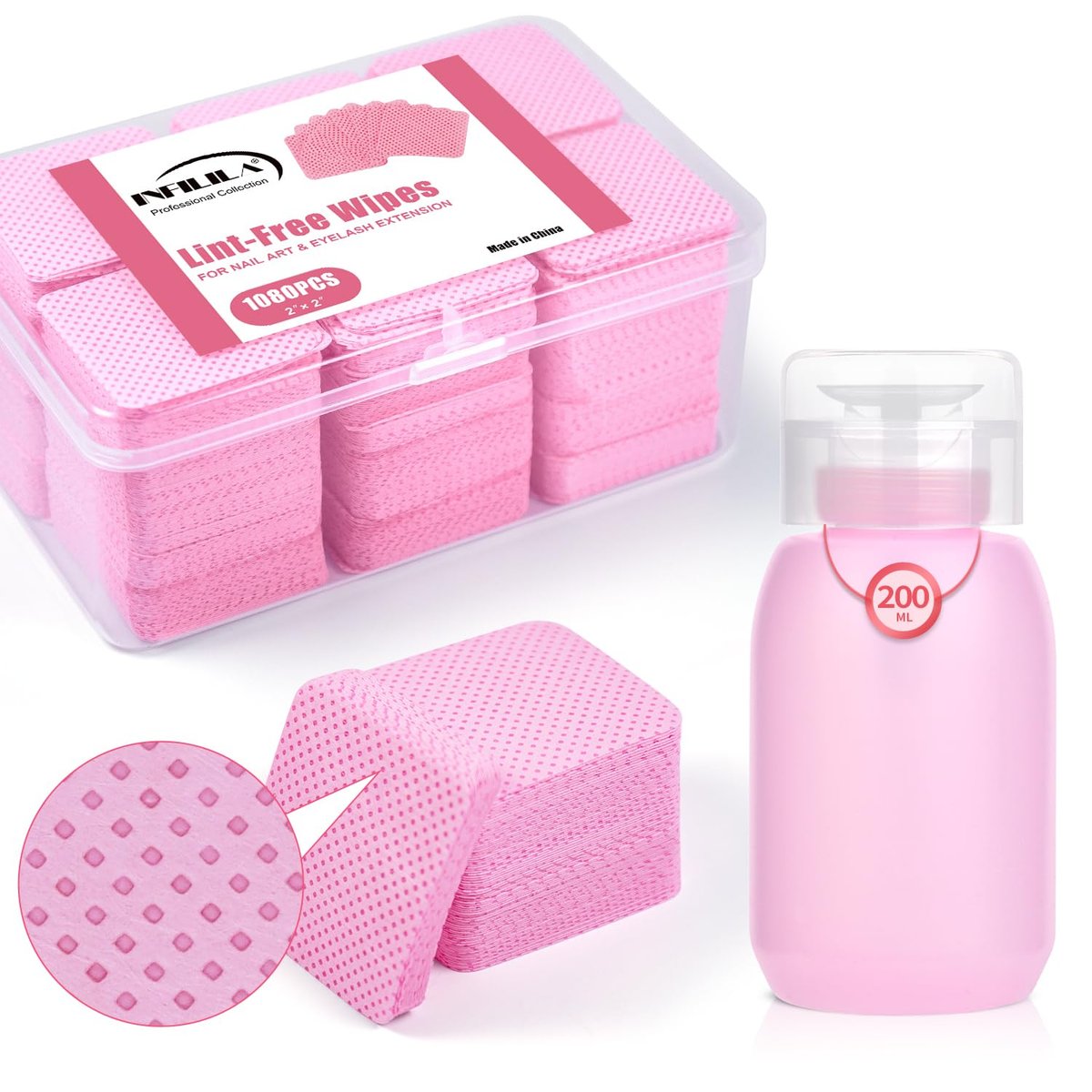 NXJ INFILILA 1080PCS Lint Free Nail Wipes Kit, Pink Gel Nail Polish Remover Set with Acetone Pump Dispenser Bottle 200ml (6.8oz) for Professional Soak Off Gel Polish Remover - görsel 1