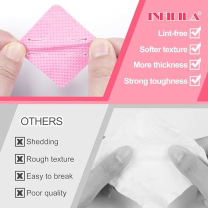 NXJ INFILILA 1080PCS Lint Free Nail Wipes Kit, Pink Gel Nail Polish Remover Set with Acetone Pump Dispenser Bottle 200ml (6.8oz) for Professional Soak Off Gel Polish Remover