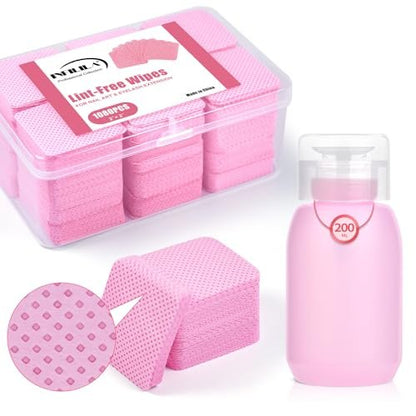 NXJ INFILILA 1080PCS Lint Free Nail Wipes Kit, Pink Gel Nail Polish Remover Set with Acetone Pump Dispenser Bottle 200ml (6.8oz) for Professional Soak Off Gel Polish Remover