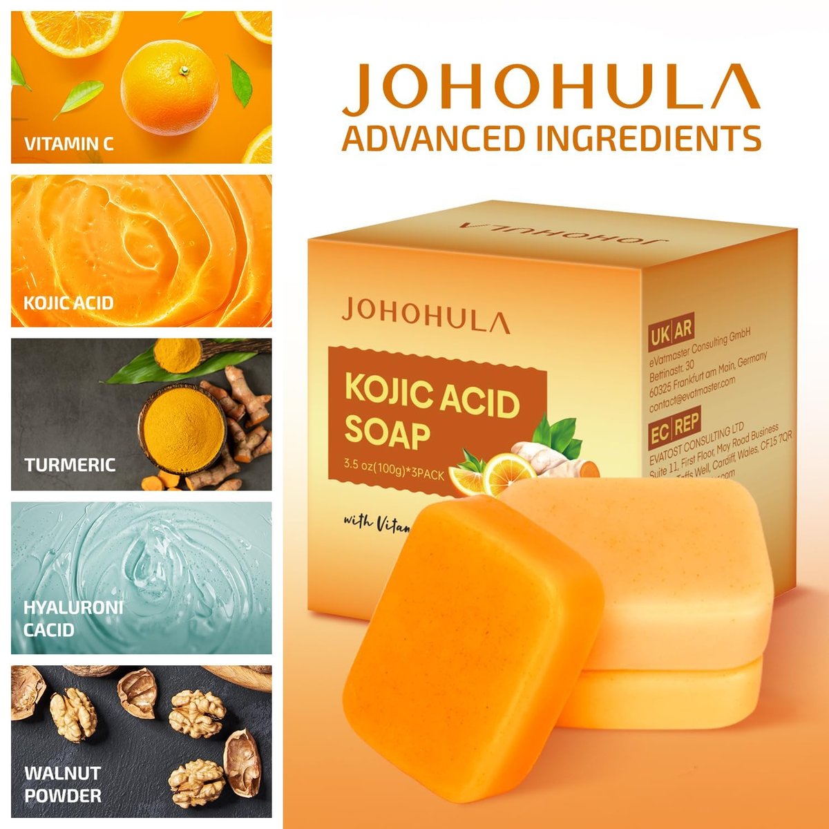 Johohula Kojic Acid Dark Spot Remover Soap Bars with Vitamin C, Retinol, Collagen, Turmeric - Smooth for Face and Body, Firm and Smooth Skin - 3 x 100g Bars - görsel 3