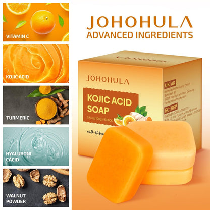 Johohula Kojic Acid Dark Spot Remover Soap Bars with Vitamin C, Retinol, Collagen, Turmeric - Smooth for Face and Body, Firm and Smooth Skin - 3 x 100g Bars