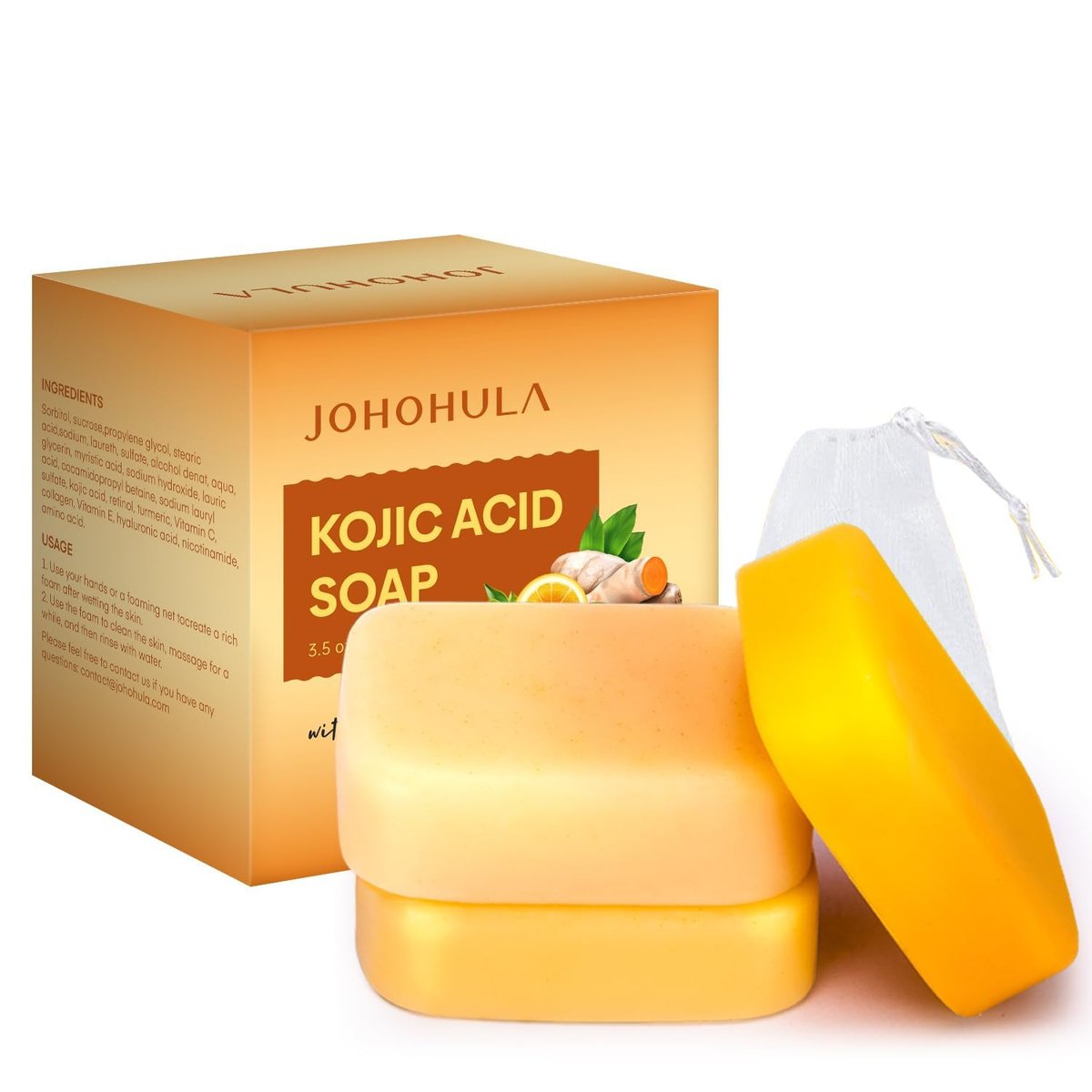 Johohula Kojic Acid Dark Spot Remover Soap Bars with Vitamin C, Retinol, Collagen, Turmeric - Smooth for Face and Body, Firm and Smooth Skin - 3 x 100g Bars - görsel 1