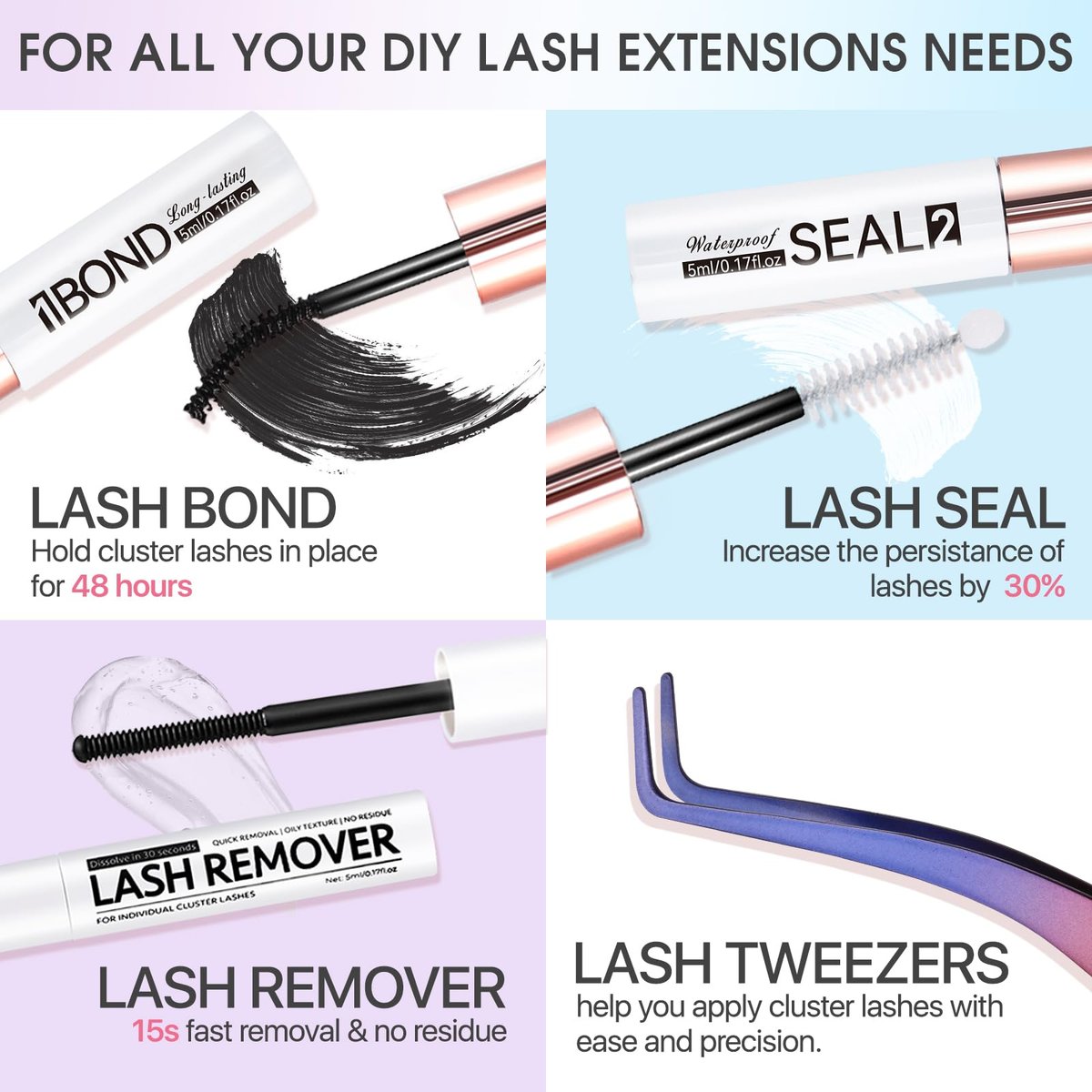 Miuffue 3-Piece DIY Lash Kit: Bond, Seal, Tweezers & Remover – Complete Eyelash Extension Kit - görsel 3