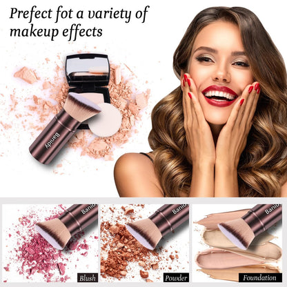Retractable Kabuki Brush for Foundation, Powder, Blush, Bronzer – Travel-Friendly Flawless Makeup Brush, Cruelty Free with Cover (Brown)