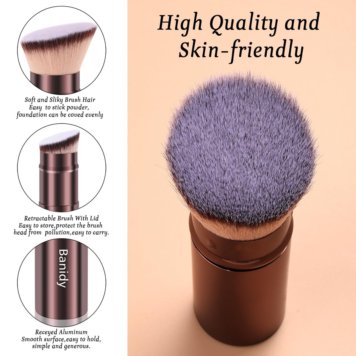 Retractable Kabuki Brush for Foundation, Powder, Blush, Bronzer – Travel-Friendly Flawless Makeup Brush, Cruelty Free with Cover (Brown) - görsel 7