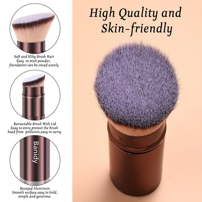 Retractable Kabuki Brush for Foundation, Powder, Blush, Bronzer – Travel-Friendly Flawless Makeup Brush, Cruelty Free with Cover (Brown)