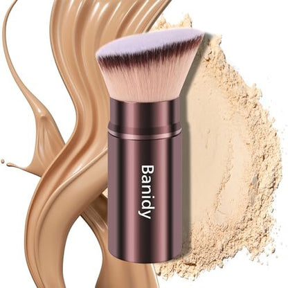 Retractable Kabuki Brush for Foundation, Powder, Blush, Bronzer – Travel-Friendly Flawless Makeup Brush, Cruelty Free with Cover (Brown)