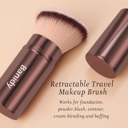 Retractable Kabuki Brush for Foundation, Powder, Blush, Bronzer – Travel-Friendly Flawless Makeup Brush, Cruelty Free with Cover (Brown)