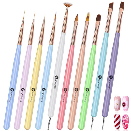 KINGMAS 10 Pcs Nail Art Brushes Set - Clean Up Painting Brush, Nail Liner Brush, Dotting Pen for Acrylic & Gel Nail Design