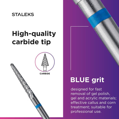 STALEKS PRO Expert Carbide Nail Drill Bit - Cone Shape, Blue Ring, 2.3mm Head / 14mm Working Part - Medium Hardness for Artificial Nail Correction & Skin Processing in Hardware Manicure/Pedicure