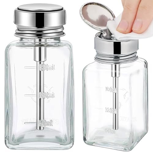Noverlife 2-Pack 6oz Clear Glass Pump Dispenser Bottles - Square Push Down Nail Polish Remover Containers with Flip Top Cap Avelisse