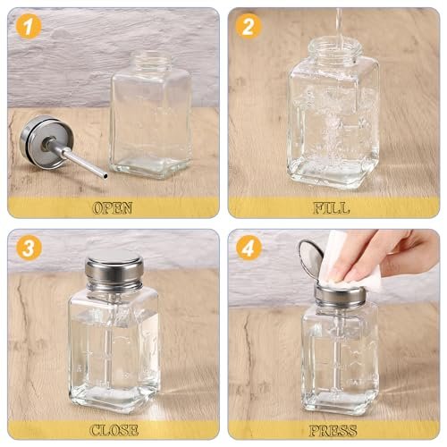 Noverlife 2-Pack 6oz Clear Glass Pump Dispenser Bottles - Square Push Down Nail Polish Remover Containers with Flip Top Cap Avelisse