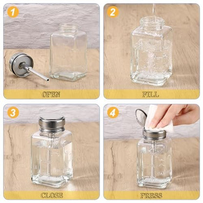 Noverlife 2-Pack 6oz Clear Glass Pump Dispenser Bottles - Square Push Down Nail Polish Remover Containers with Flip Top Cap Avelisse