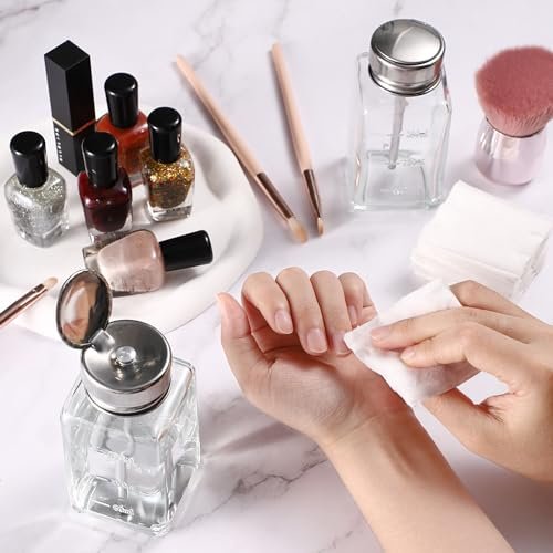 Noverlife 2-Pack 6oz Clear Glass Pump Dispenser Bottles - Square Push Down Nail Polish Remover Containers with Flip Top Cap Avelisse