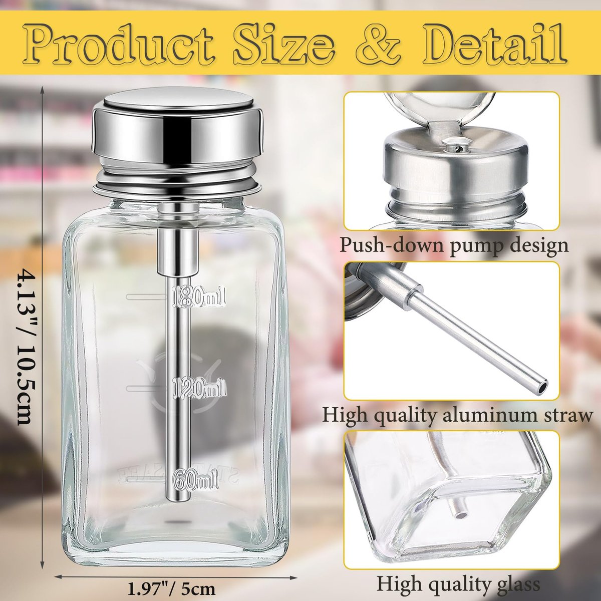 Noverlife 2-Pack 6oz Clear Glass Pump Dispenser Bottles - Square Push Down Nail Polish Remover Containers with Flip Top Cap Avelisse