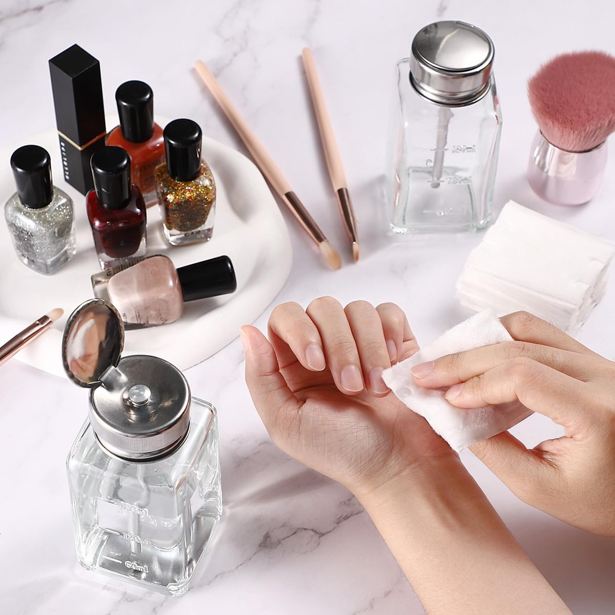 Noverlife 2-Pack 6oz Clear Glass Pump Dispenser Bottles - Square Push Down Nail Polish Remover Containers with Flip Top Cap Avelisse