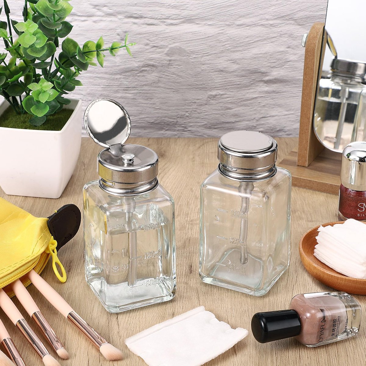 Noverlife 2-Pack 6oz Clear Glass Pump Dispenser Bottles - Square Push Down Nail Polish Remover Containers with Flip Top Cap Avelisse