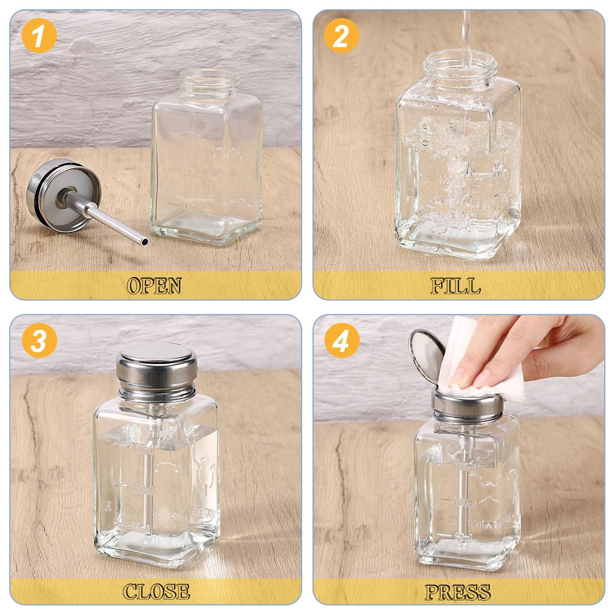 Noverlife 2-Pack 6oz Clear Glass Pump Dispenser Bottles - Square Push Down Nail Polish Remover Containers with Flip Top Cap Avelisse