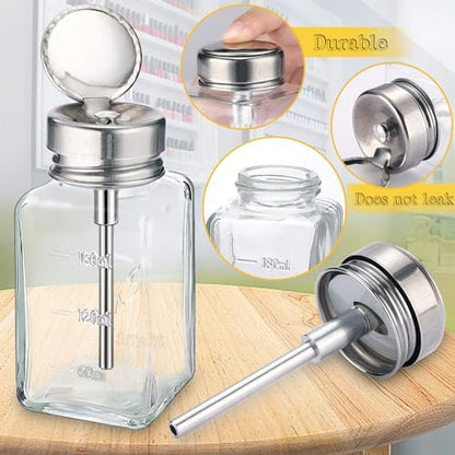 Noverlife 2-Pack 6oz Clear Glass Pump Dispenser Bottles - Square Push Down Nail Polish Remover Containers with Flip Top Cap Avelisse
