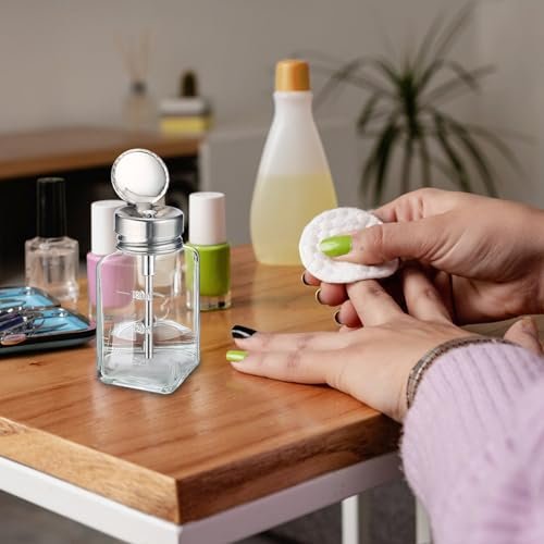 Noverlife 2-Pack 6oz Clear Glass Pump Dispenser Bottles - Square Push Down Nail Polish Remover Containers with Flip Top Cap Avelisse
