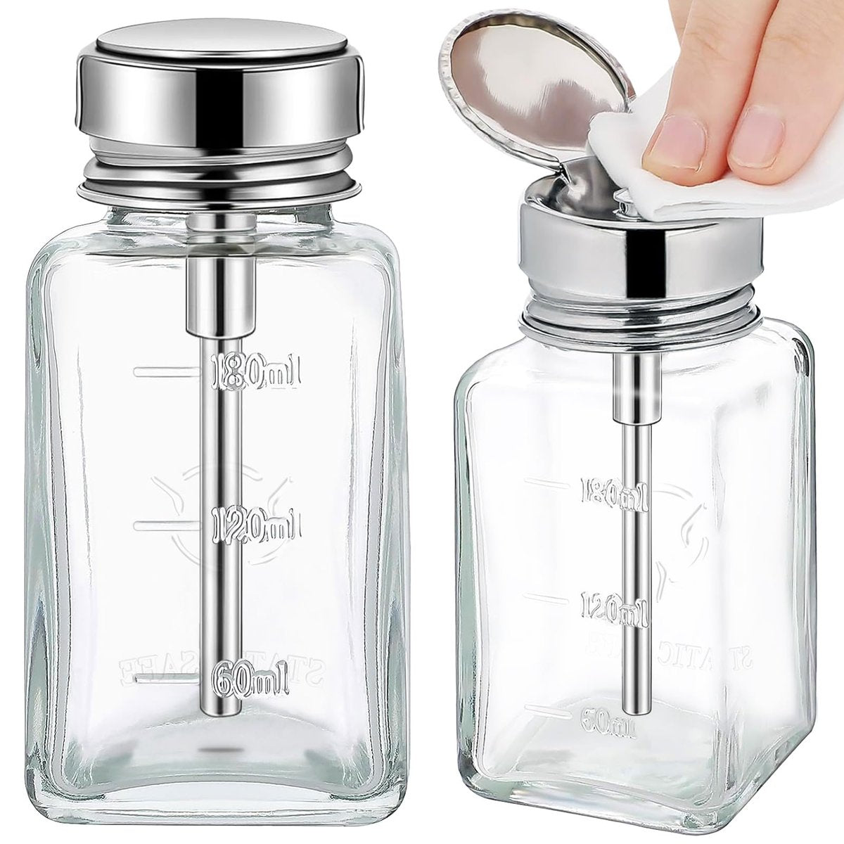 Noverlife 2-Pack 6oz Clear Glass Pump Dispenser Bottles - Square Push Down Nail Polish Remover Containers with Flip Top Cap Avelisse