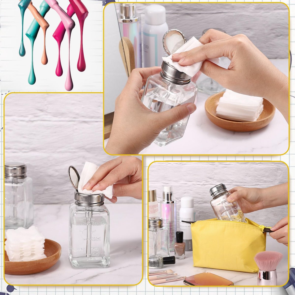 Noverlife 2-Pack 6oz Clear Glass Pump Dispenser Bottles - Square Push Down Nail Polish Remover Containers with Flip Top Cap Avelisse