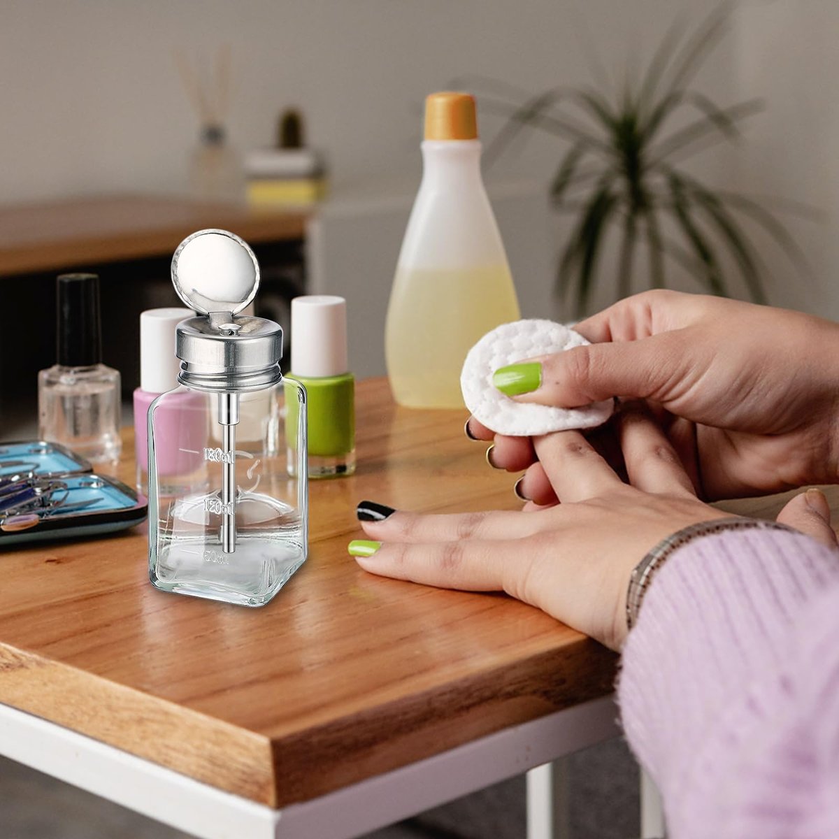 Noverlife 2-Pack 6oz Clear Glass Pump Dispenser Bottles - Square Push Down Nail Polish Remover Containers with Flip Top Cap Avelisse